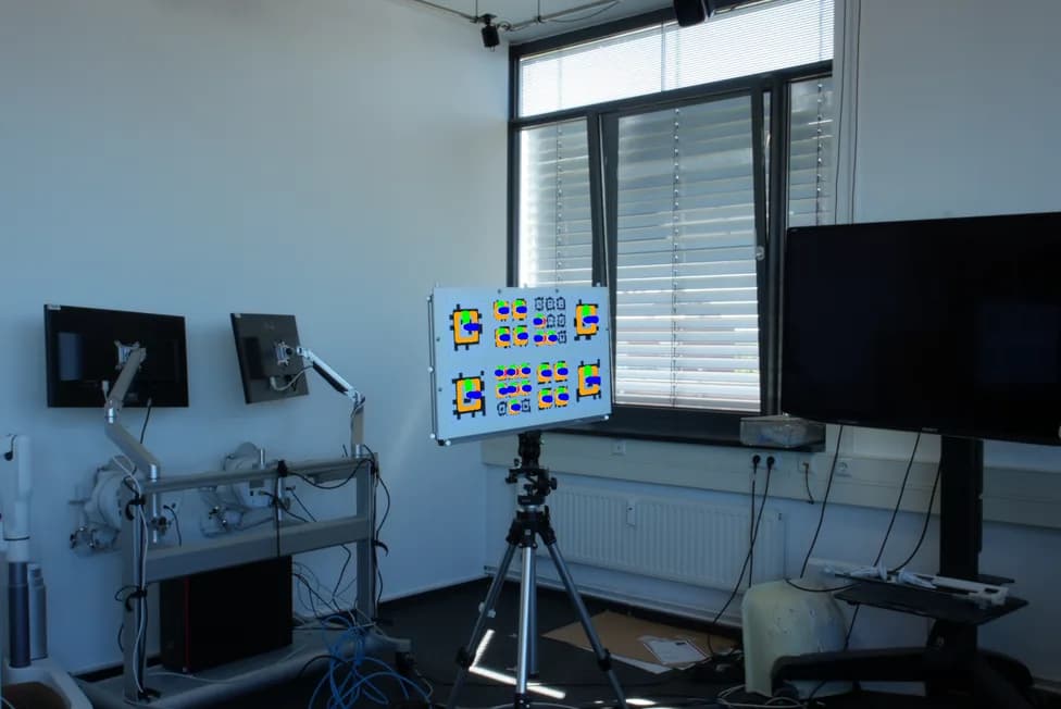 Laboratorio con un panel de AprilTags en trípode, cámaras de captura de movimiento y detecciones dibujadas en color