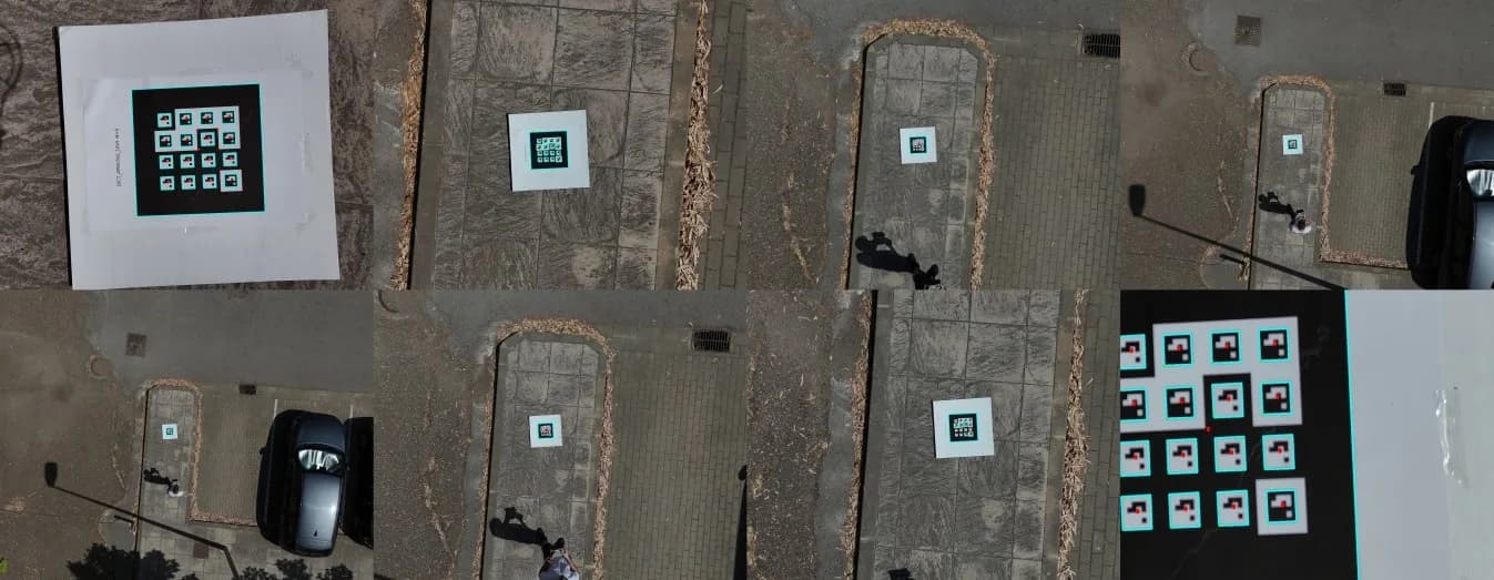 Secuencia de ocho fotografías aéreas de un marcador ArUco recursivo sobre pavimento a distintas alturas