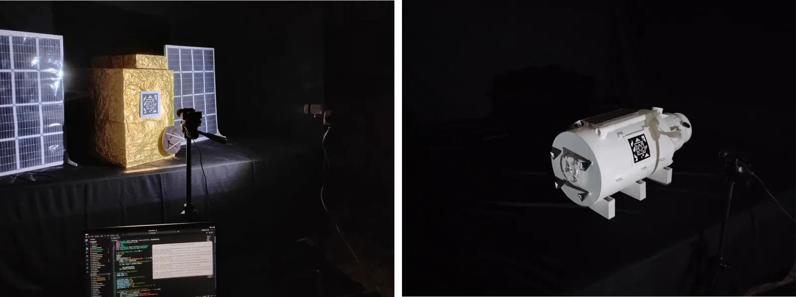 Dos fotografías de maquetas de naves espaciales iluminadas con luz puntual y un marcador fiducial