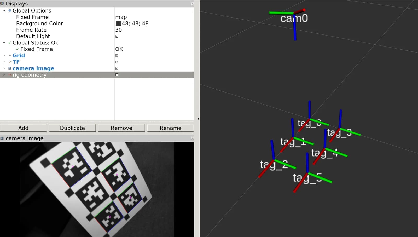 Captura de pantalla de RViz con una foto de un tablero de seis AprilTags y los ejes 3D de cada marcador
